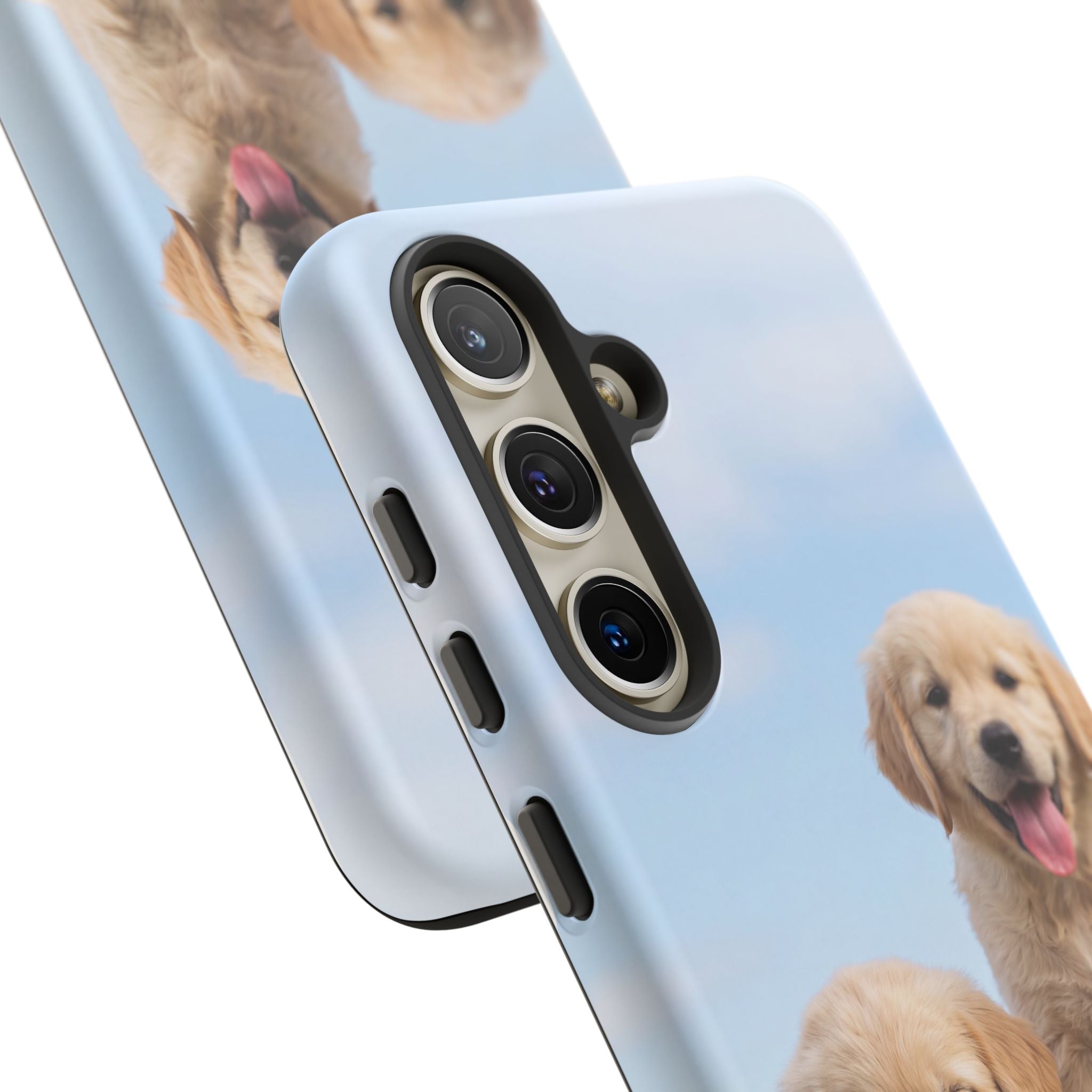 Golden Retriever Puppies on Barrel Phone Case | Cute Duo Under Blue Sky | iPhone & Samsung