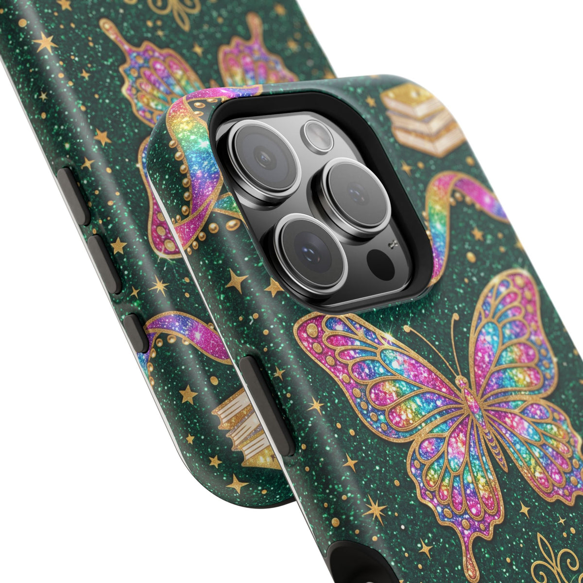 Rainbow Glitter Butterfly Personalized Teacher Phone Case — Wireless Charging Cover