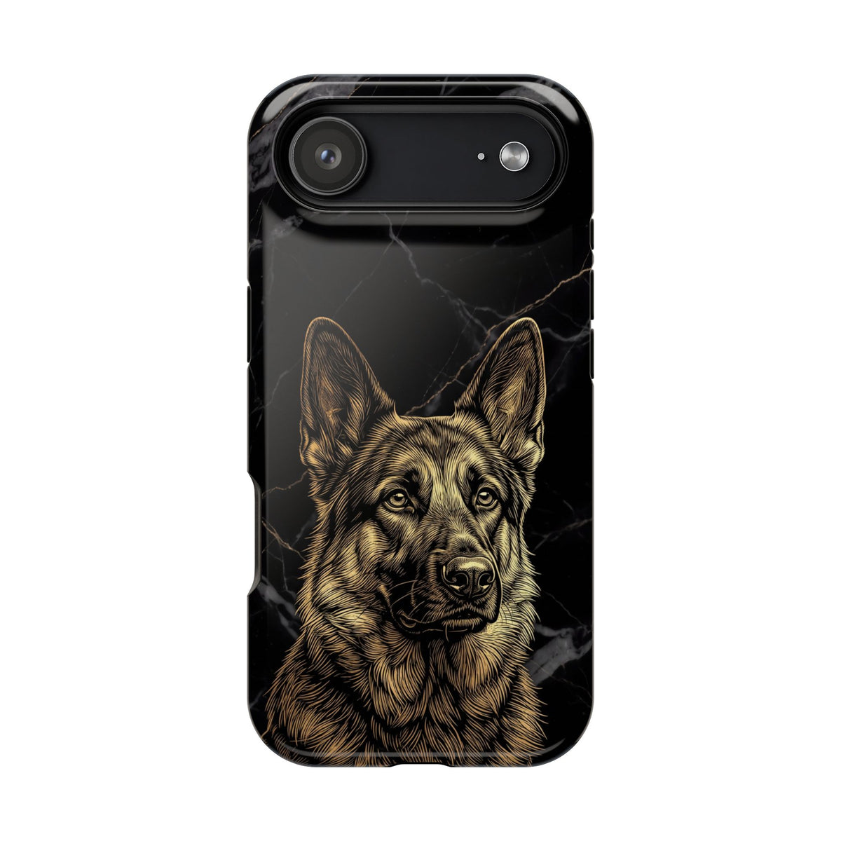 German Shepherd Phone Case | Black Marble Gold Sketch Art — Tough Magnetic Case with Wireless Charging