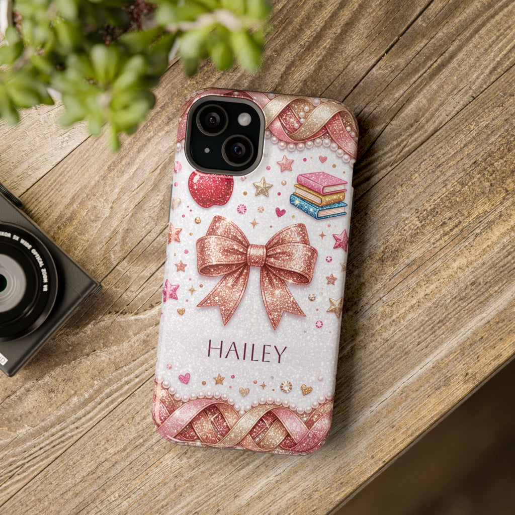 Rose Gold Glitter Bow Personalized Teacher Phone Case — Wireless Charging Cover