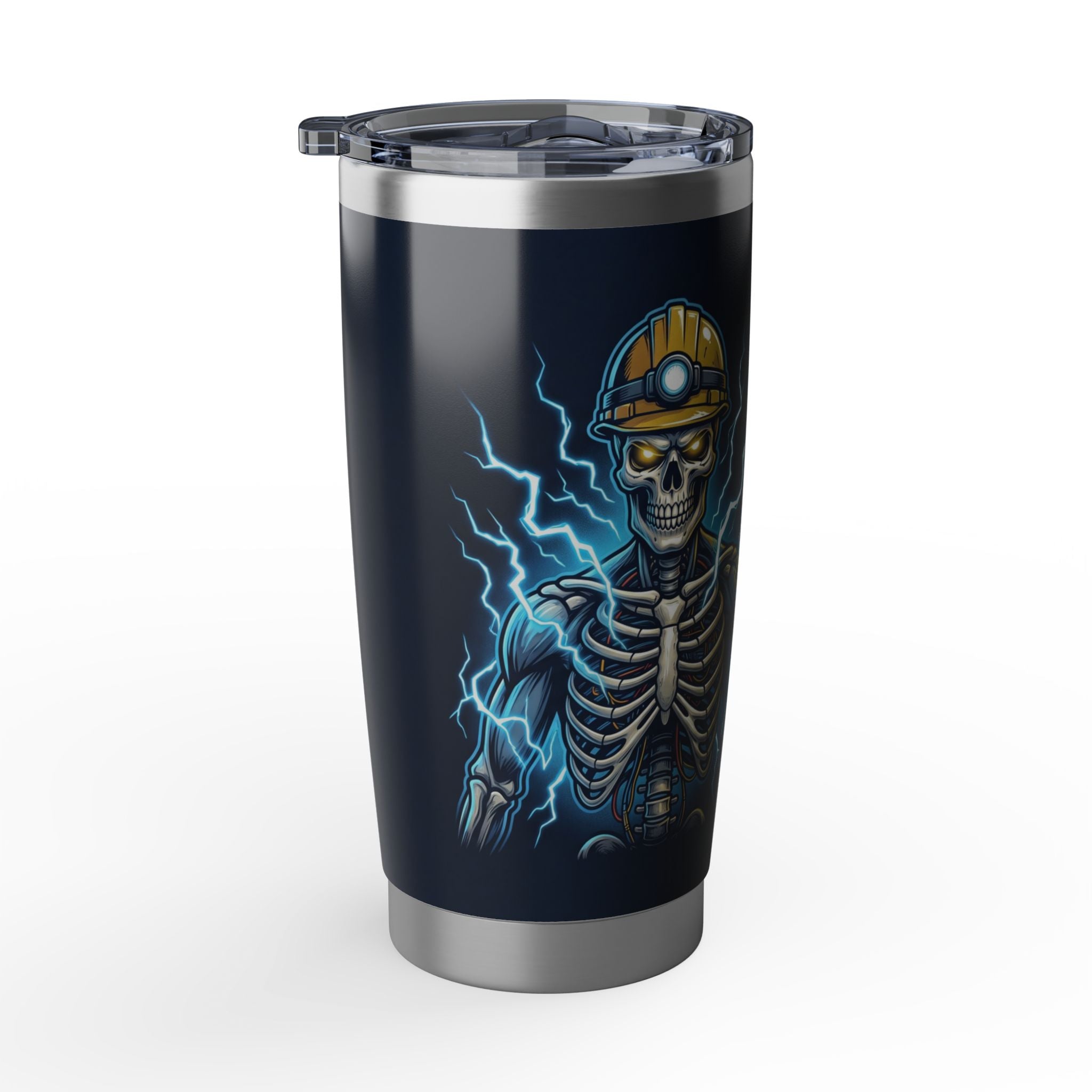 Electric Skeleton Miner 20 oz Tumbler — Energetic Miner Skull Travel Cup for Electricians