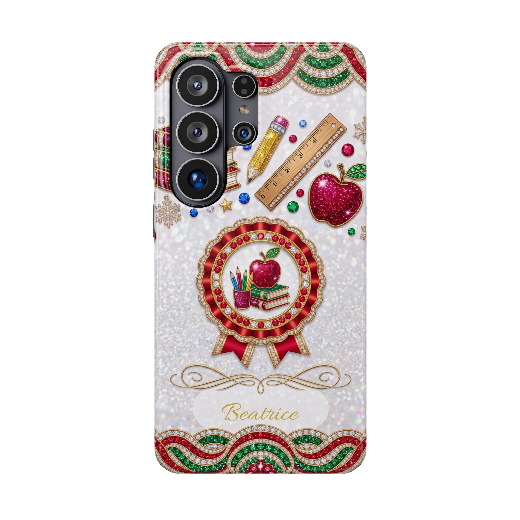 Jeweled Apple Medallion Personalized Teacher Phone Case — Wireless Charging Cover