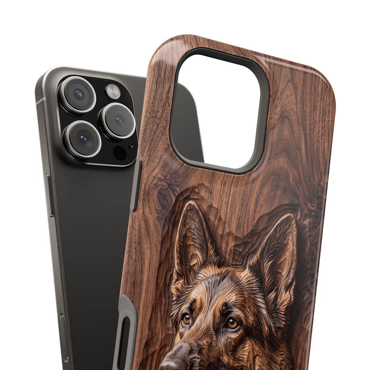 German Shepherd Phone Case | Carved Walnut Art — Tough Magnetic Case with Wireless Charging