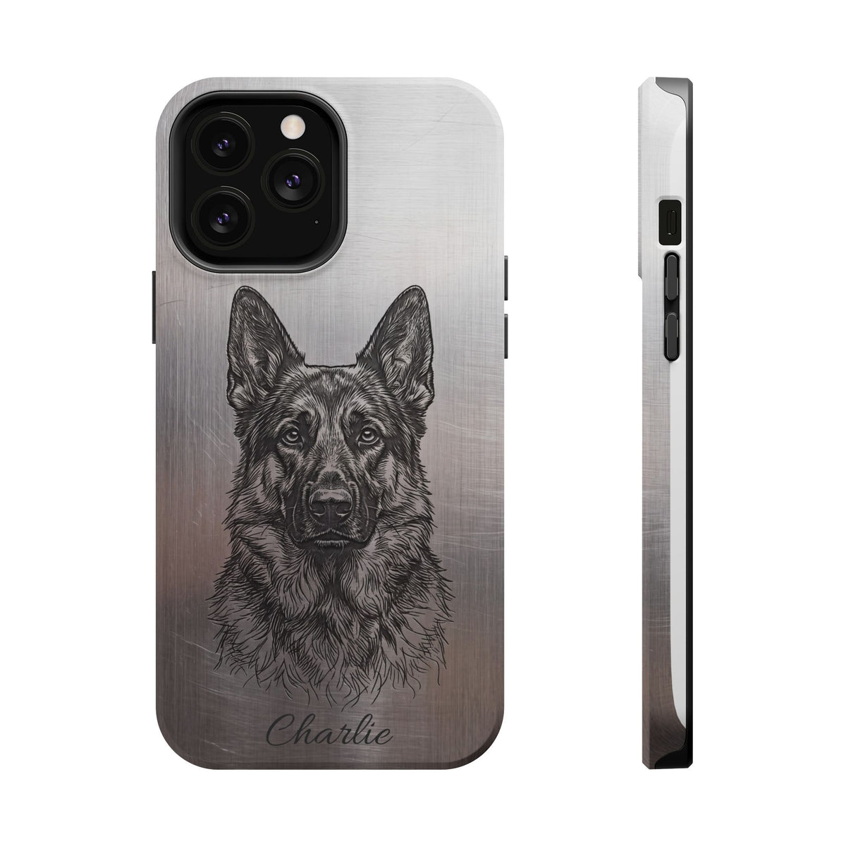 German Shepherd Phone Case | Personalized Etched Silver Art — Tough Magnetic Case with Wireless Charging