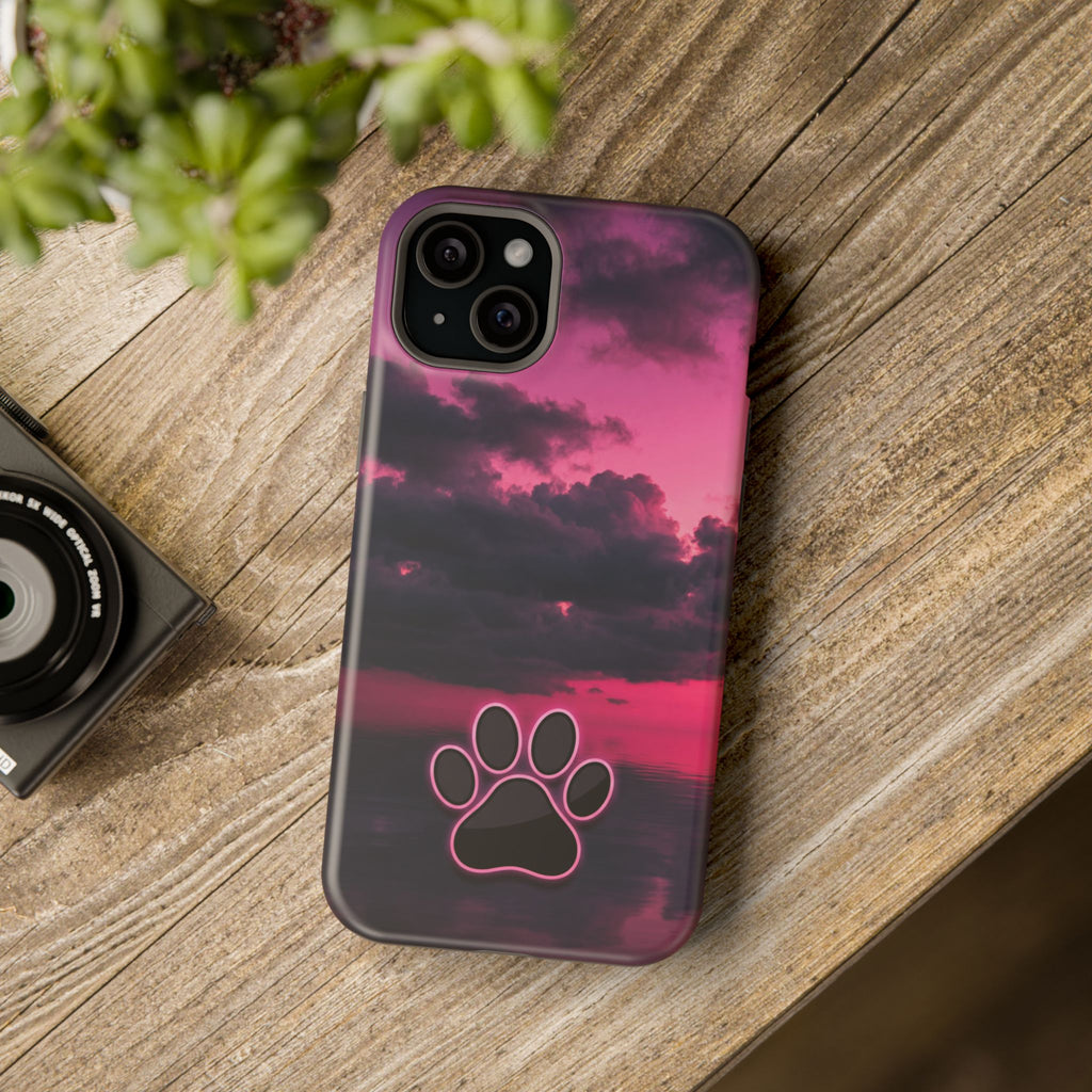 iPhone & Samsung Magnetic Impact-Resistant Phone Case — Pink Twilight Cloud with Paw Print