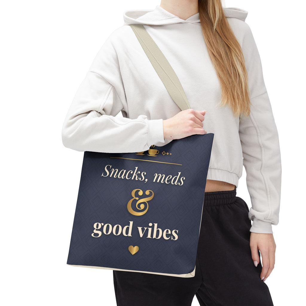 Snacks Meds & Good Vibes Tote | Funny Nurse Gift Tote Bag | Healthcare Worker Humour Gift | Premium Polyester Carry-All