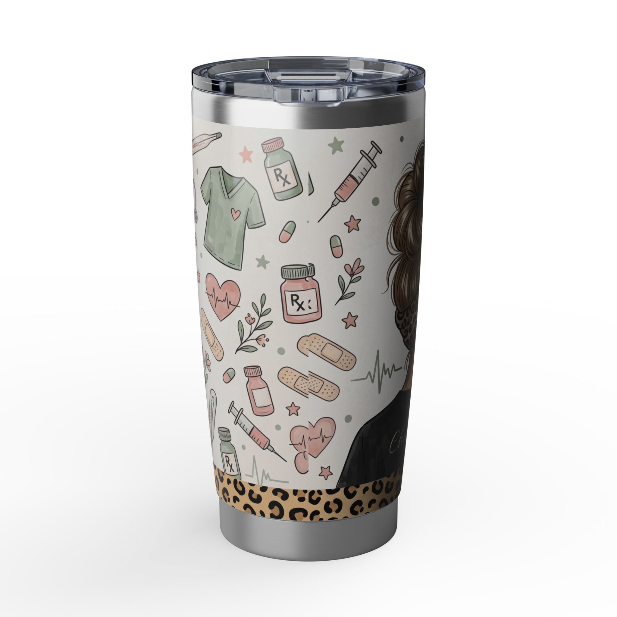 Personalized Leopard Bandana Nurse Tumbler – Custom Name Black Scrubs 20 oz