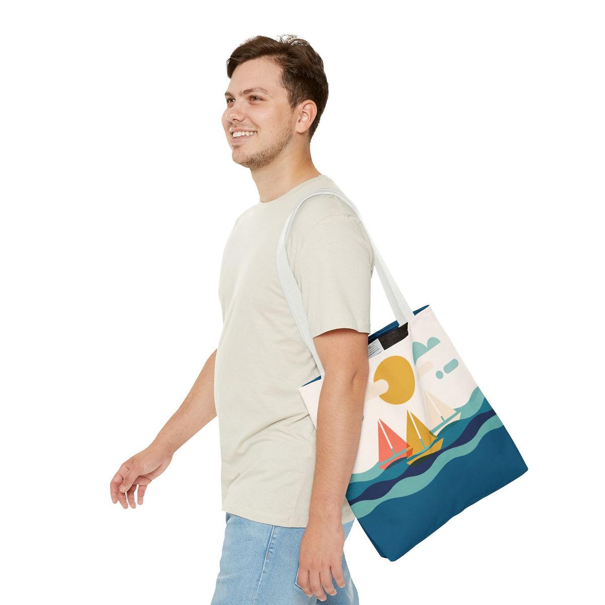 Minimalist Sailboat Tote Bag – Mid-Century Modern Ocean Waves Beach Bag