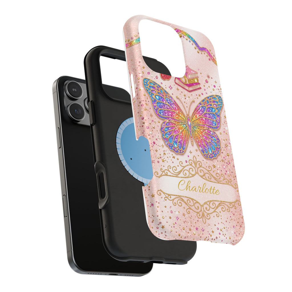 Blush Glitter Butterfly Personalized Teacher Phone Case — Wireless Charging Cover