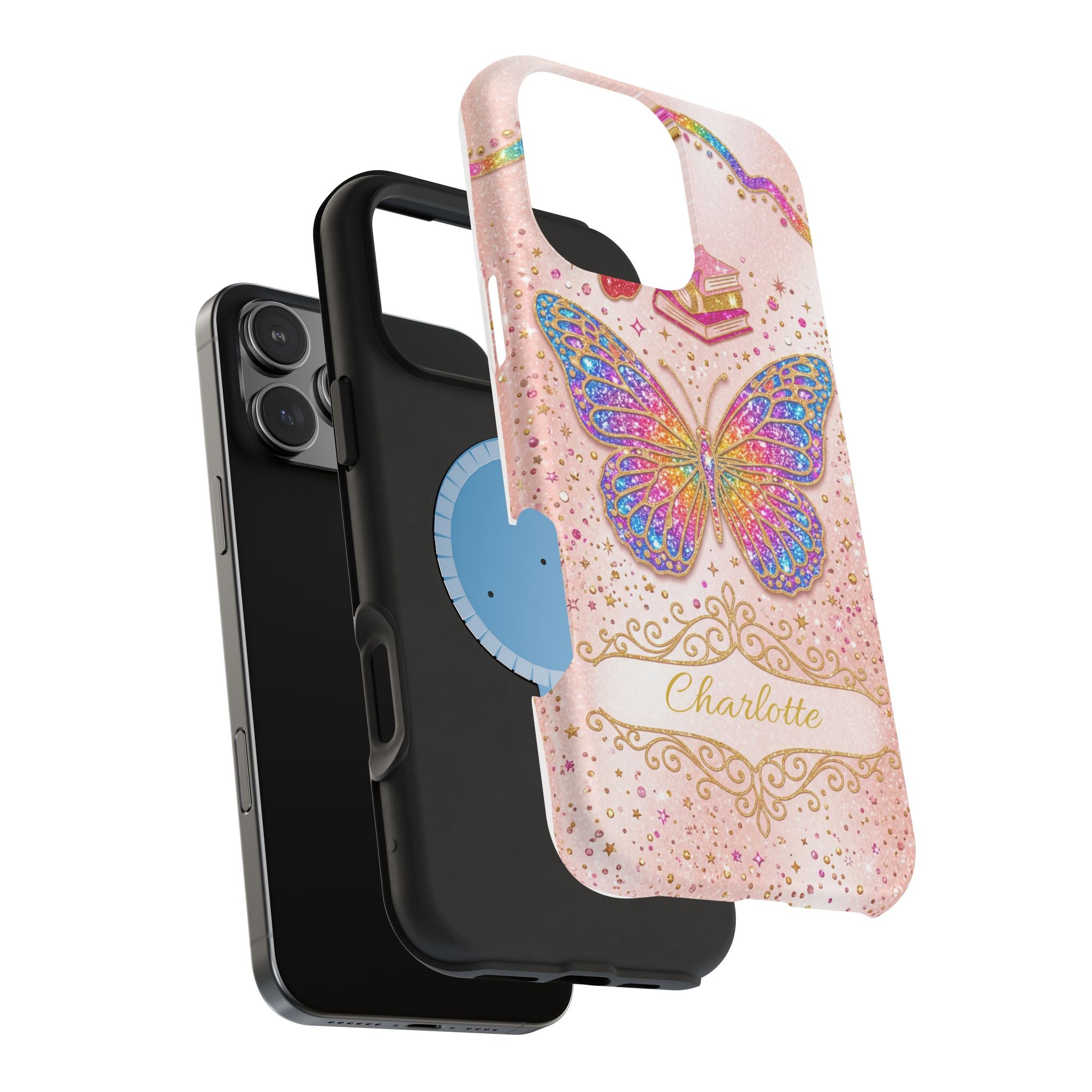 Blush Glitter Butterfly Personalized Teacher Phone Case — Wireless Charging Cover