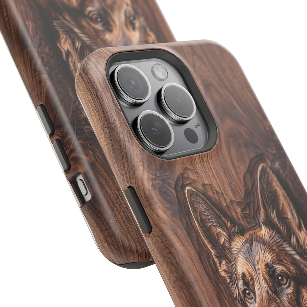 German Shepherd Phone Case | Carved Walnut Art — Tough Magnetic Case with Wireless Charging