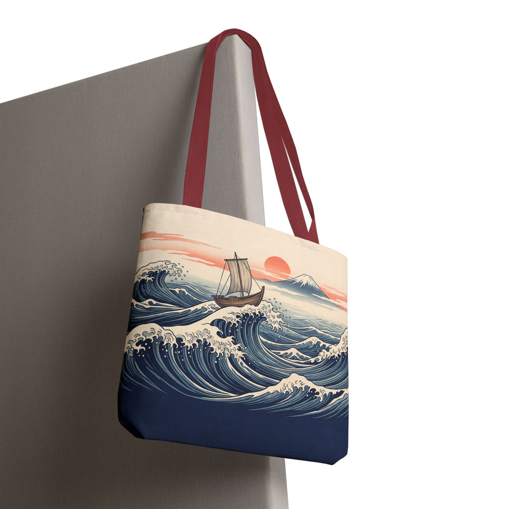 Japanese Wave Sailboat Tote Bag – Woodblock Style Ocean Beach Bag