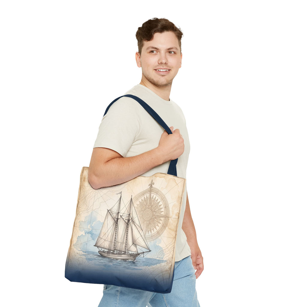 Vintage Schooner Tote Bag – Antique Nautical Map Compass Beach Bag