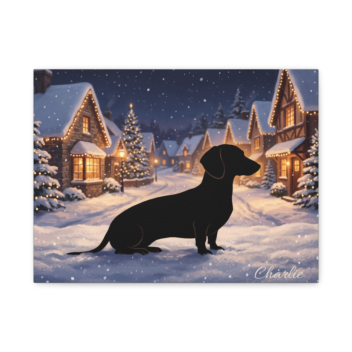 Personalized Dachshund Winter Village Canvas — Stretched Matte Wall Art
