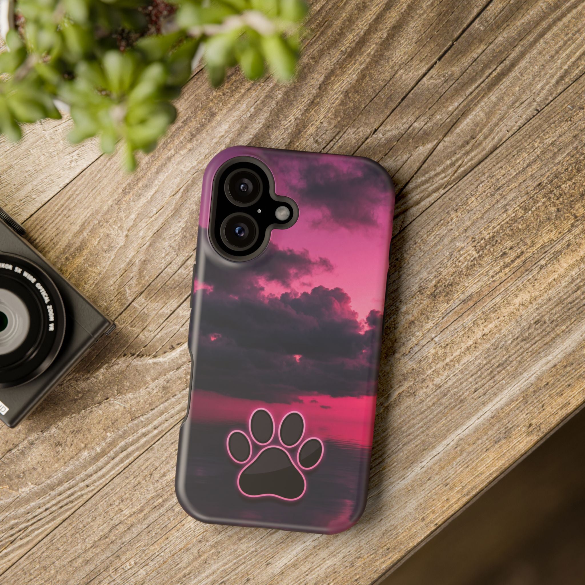 iPhone & Samsung Magnetic Impact-Resistant Phone Case — Pink Twilight Cloud with Paw Print