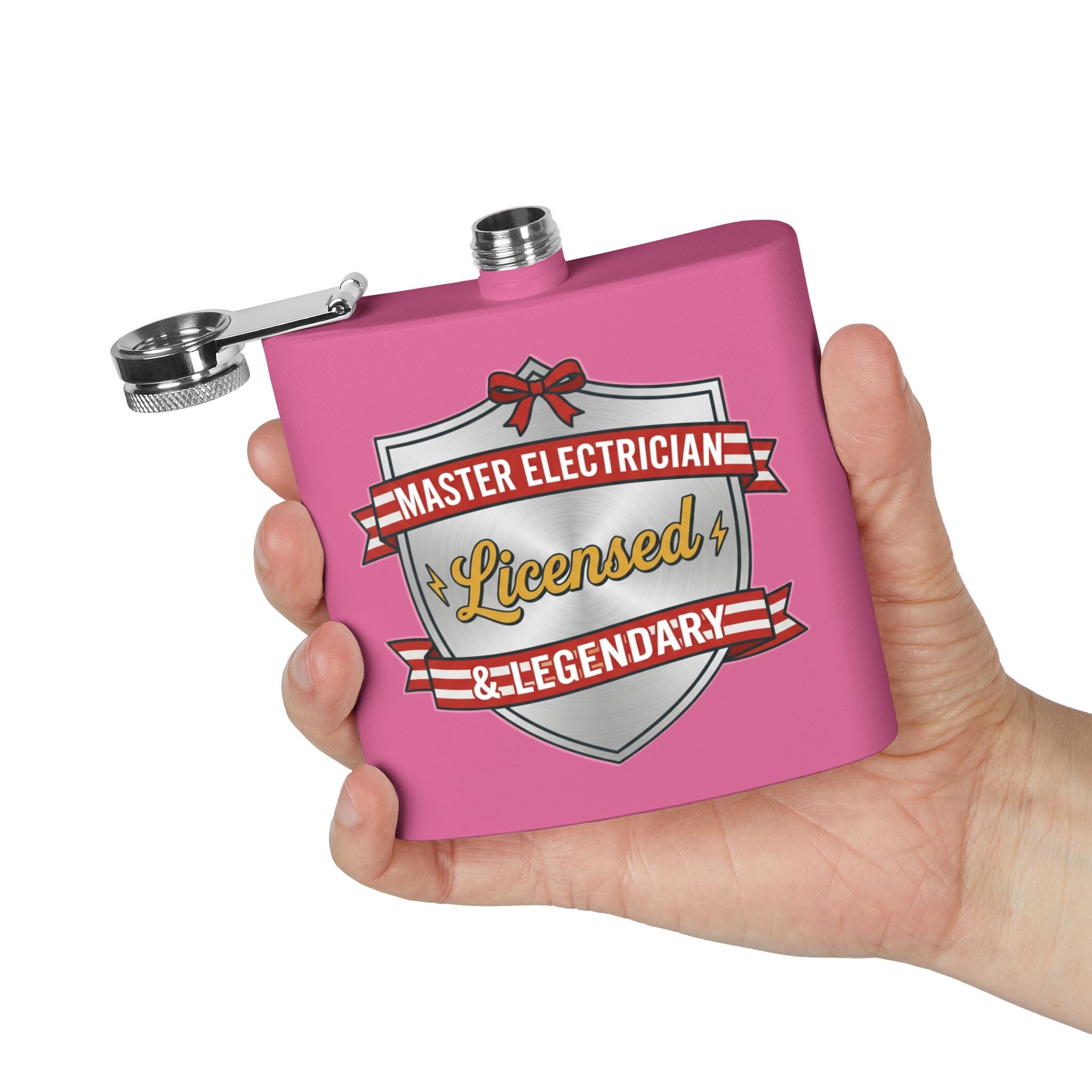Flask — "Master Electrician: Licensed & Legendary" (Shield Badge) 6oz Stainless Steel Hip Flask