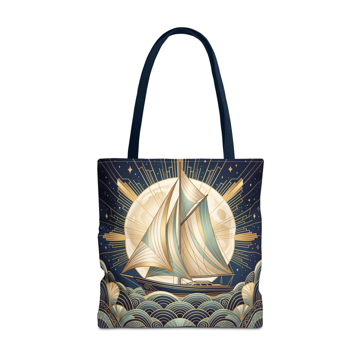 Art Deco Moonlit Sailboat Tote Bag – Starry Night Nautical Beach Bag