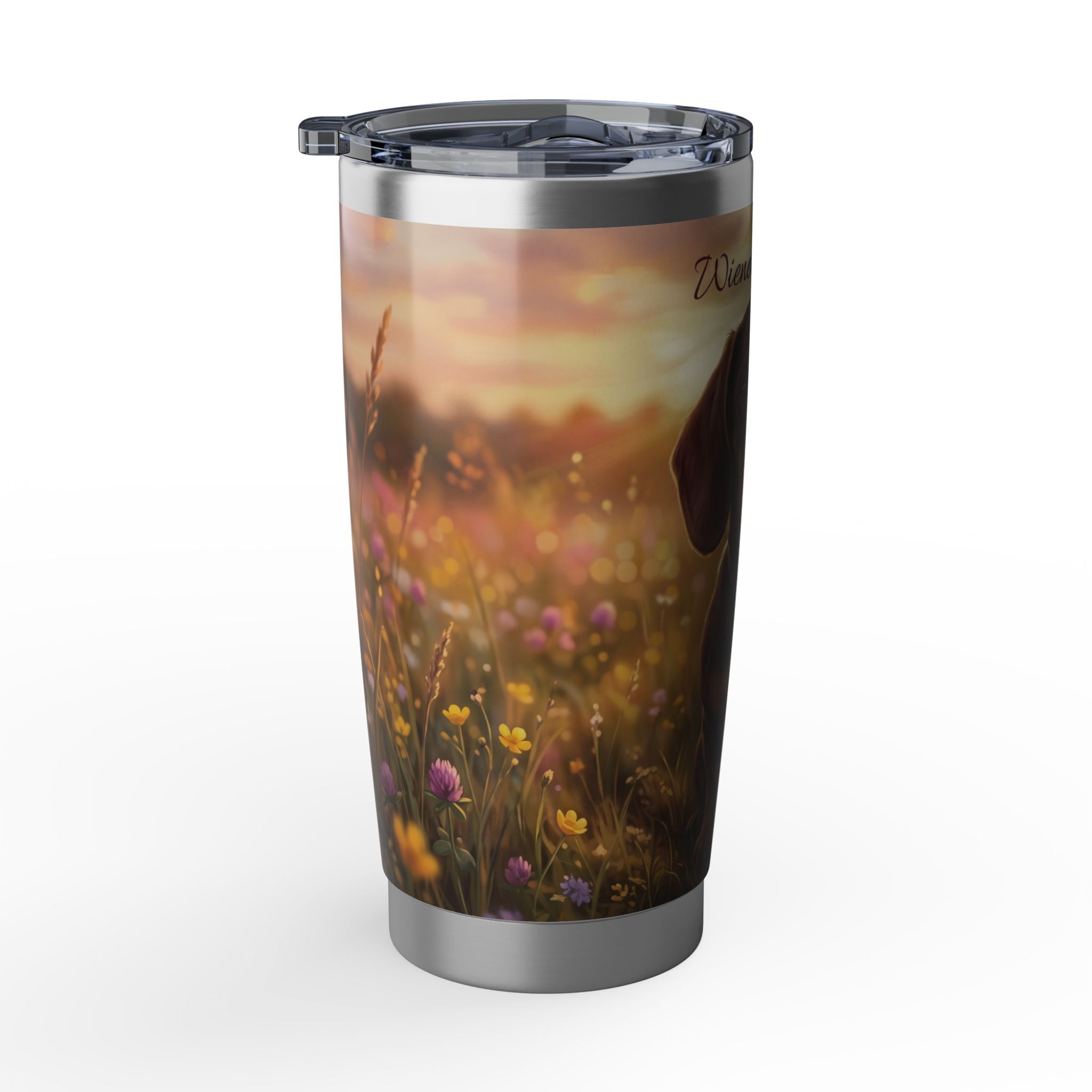 Dachshund Tumbler Personalized – 20 oz Stainless Steel Travel Mug with Custom Name, Chocolate & Tan Meadow Design