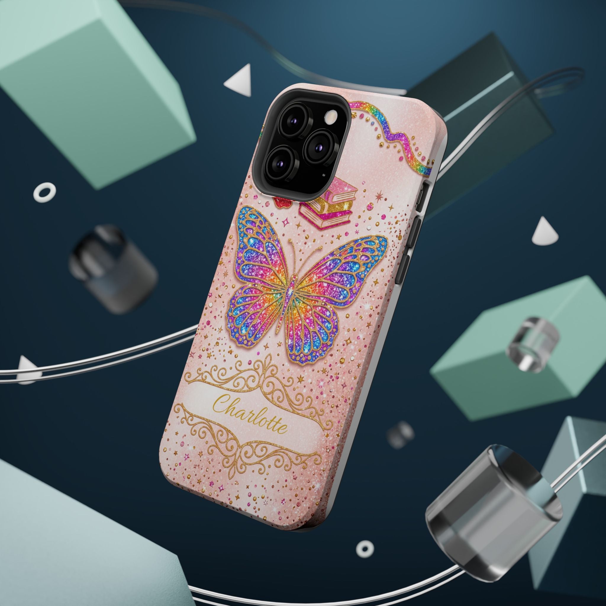 Blush Glitter Butterfly Personalized Teacher Phone Case — Wireless Charging Cover
