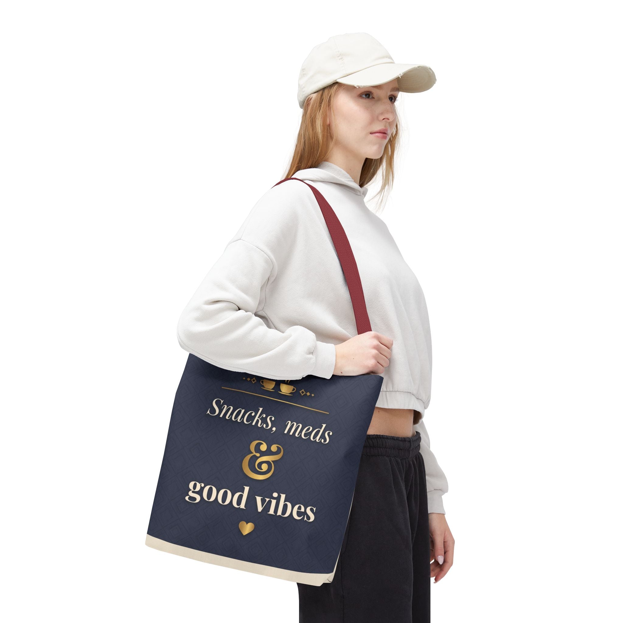 Snacks Meds & Good Vibes Tote | Funny Nurse Gift Tote Bag | Healthcare Worker Humour Gift | Premium Polyester Carry-All