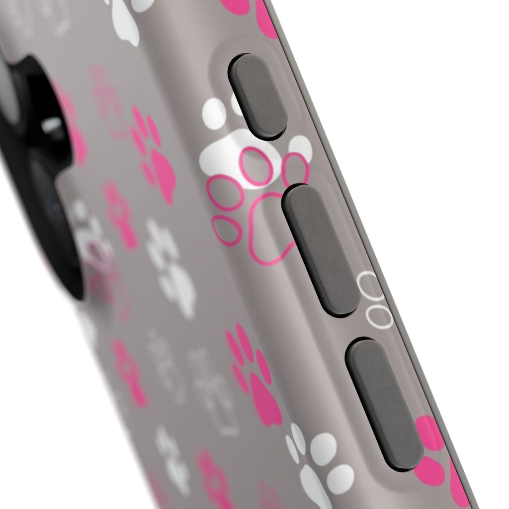 Pink & White Paw Print Phone Case — Impact-Resistant Wireless Charging Cover
