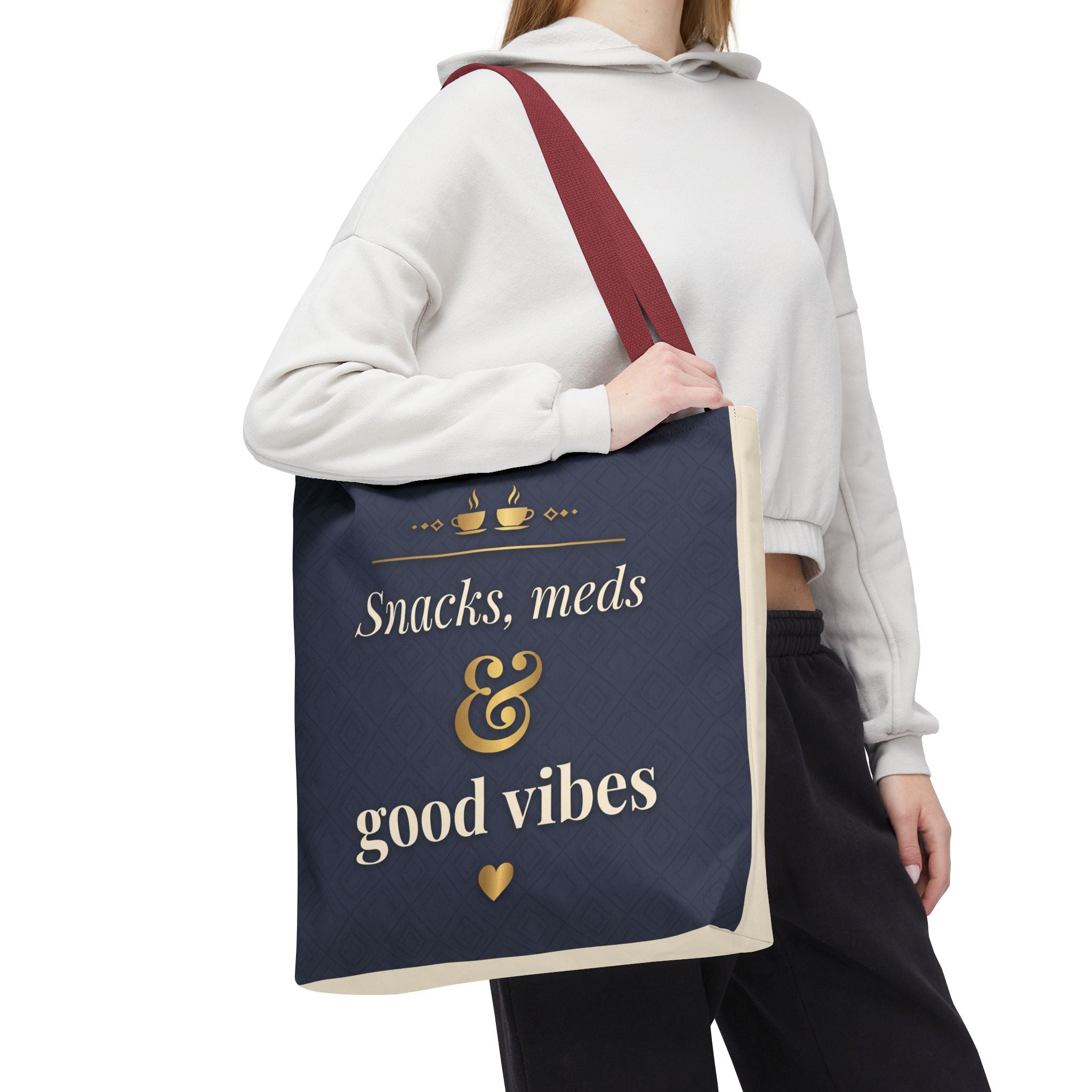 Snacks Meds & Good Vibes Tote | Funny Nurse Gift Tote Bag | Healthcare Worker Humour Gift | Premium Polyester Carry-All