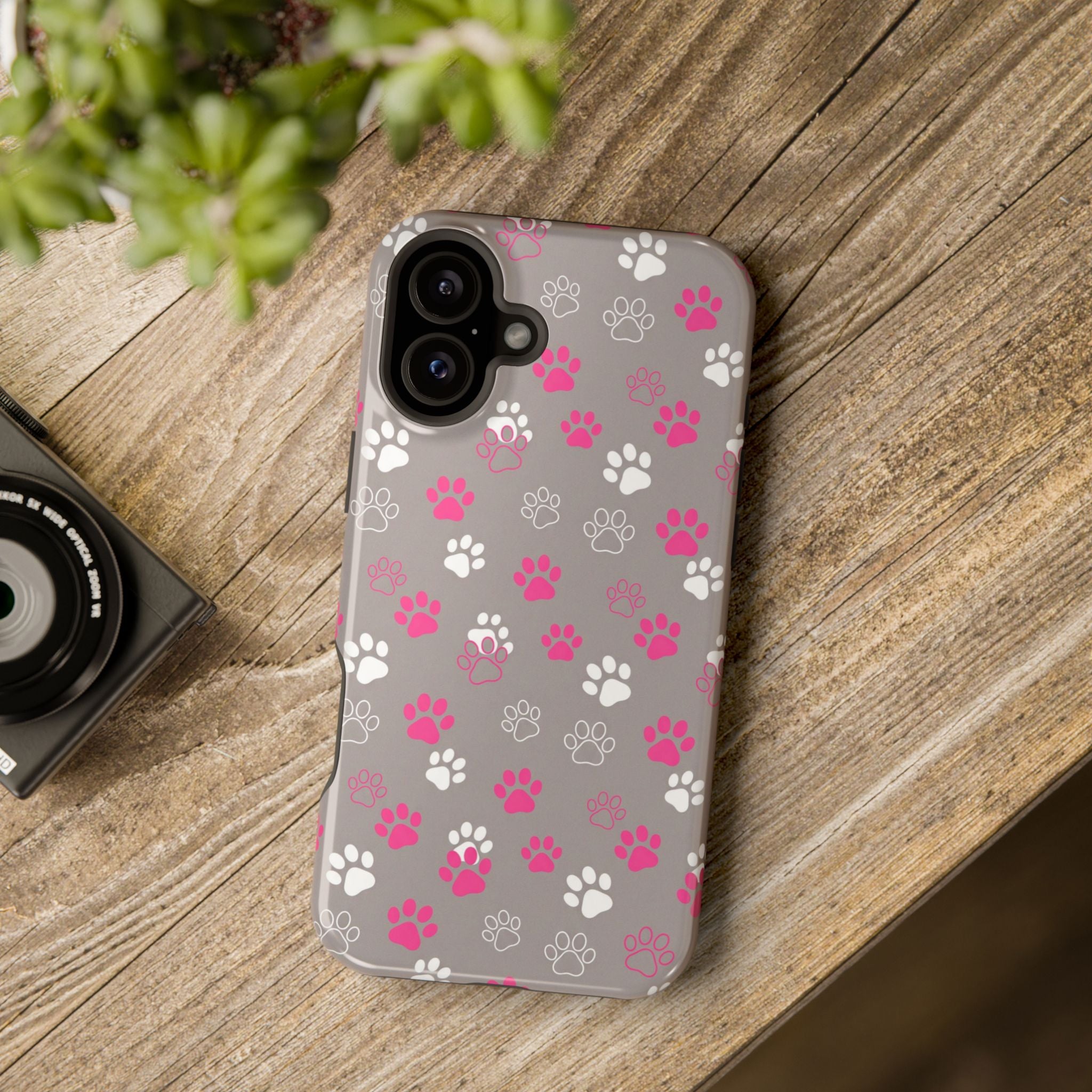 Pink & White Paw Print Phone Case — Impact-Resistant Wireless Charging Cover