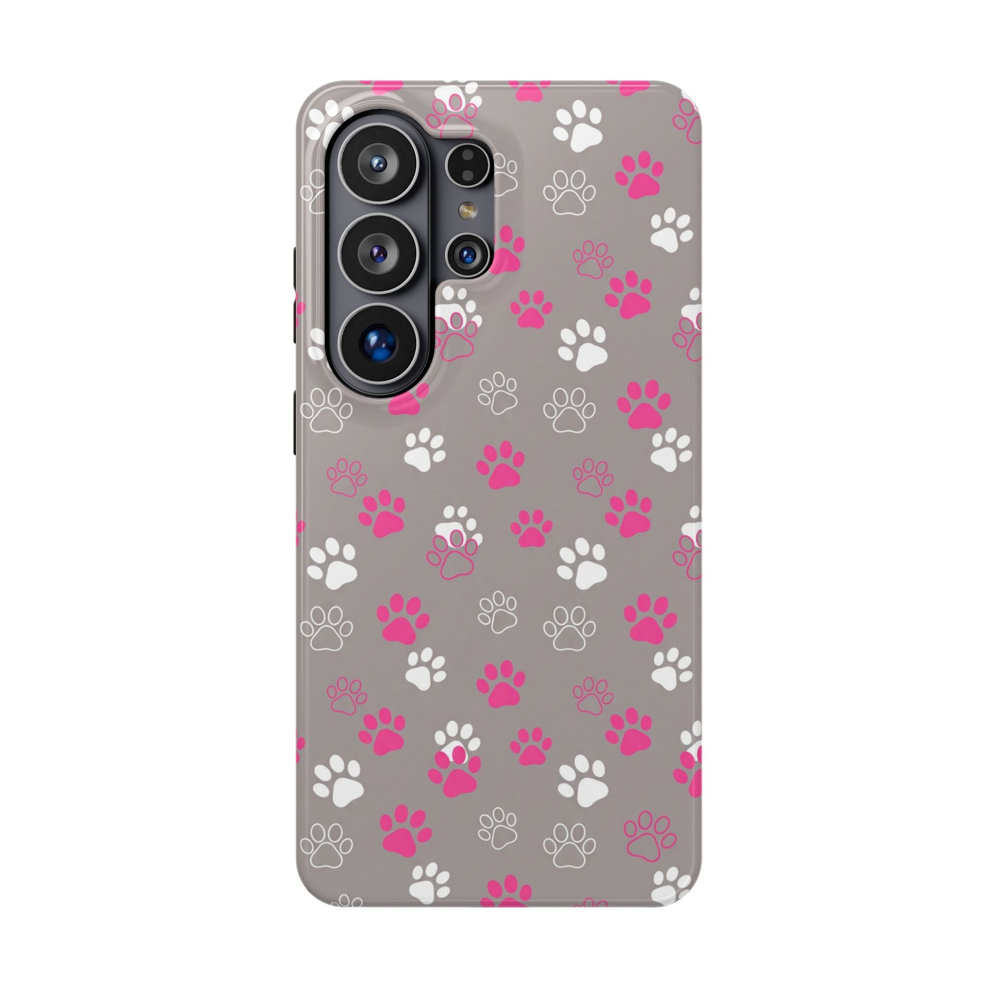 Pink & White Paw Print Phone Case — Impact-Resistant Wireless Charging Cover