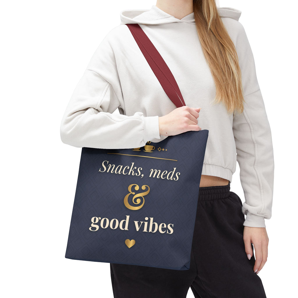 Snacks Meds & Good Vibes Tote | Funny Nurse Gift Tote Bag | Healthcare Worker Humour Gift | Premium Polyester Carry-All
