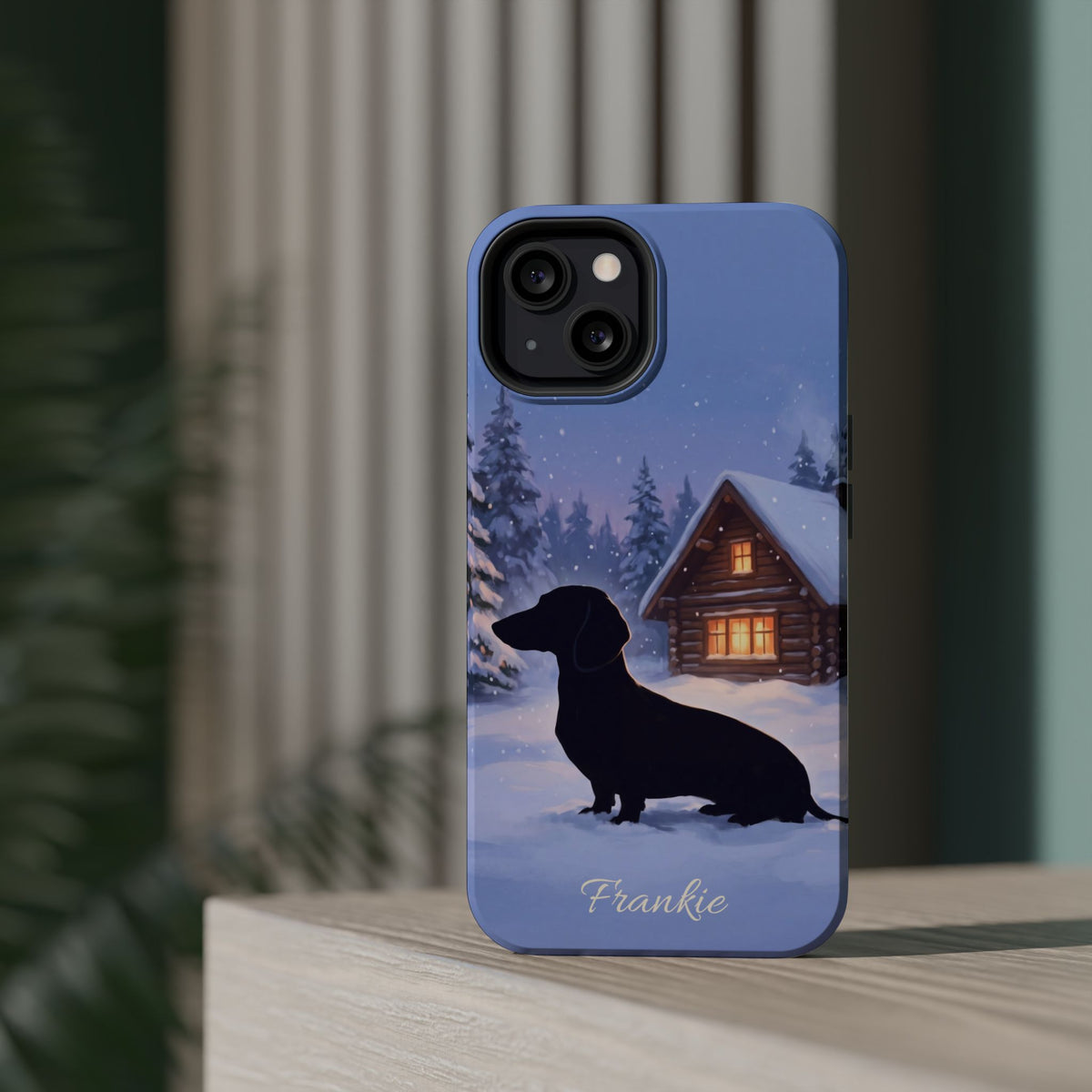 Personalized Dachshund Winter Cabin Phone Case — Wireless Charging Cover