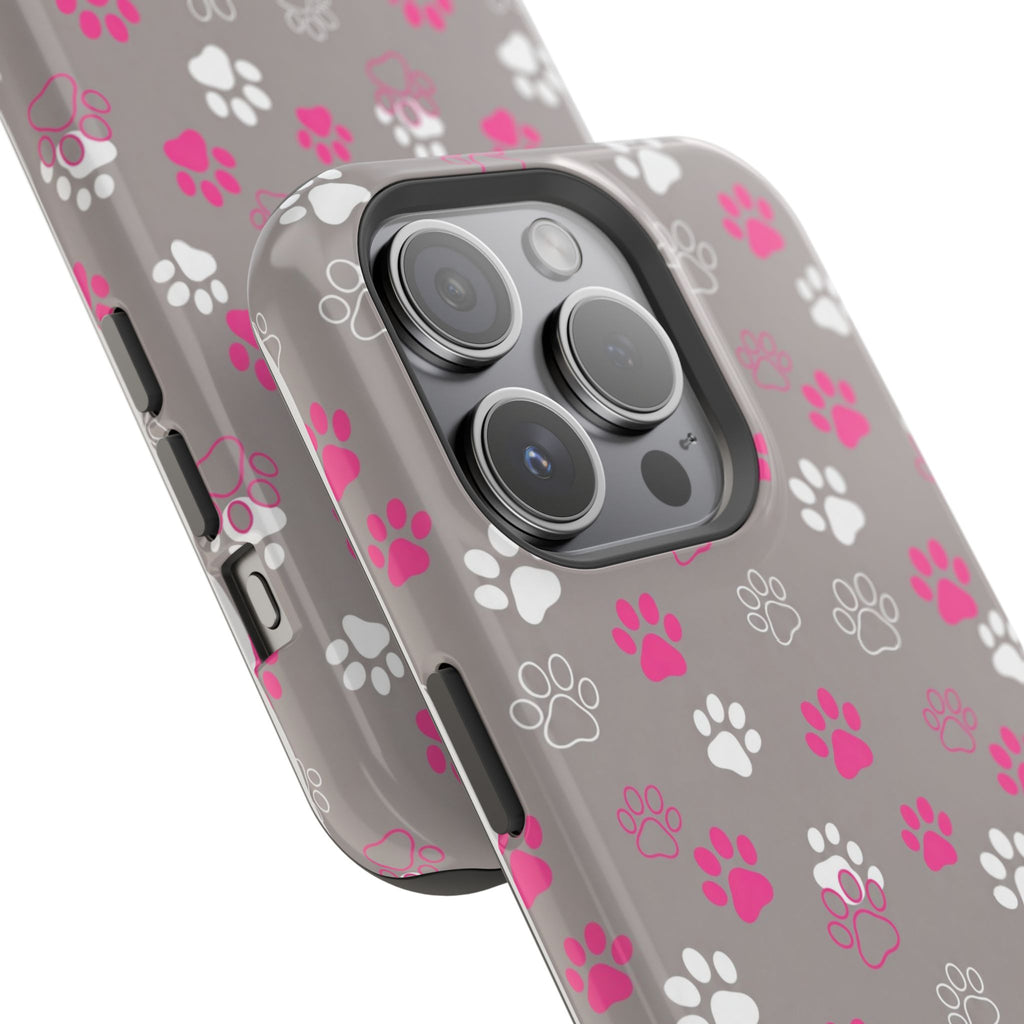 Pink & White Paw Print Phone Case — Impact-Resistant Wireless Charging Cover