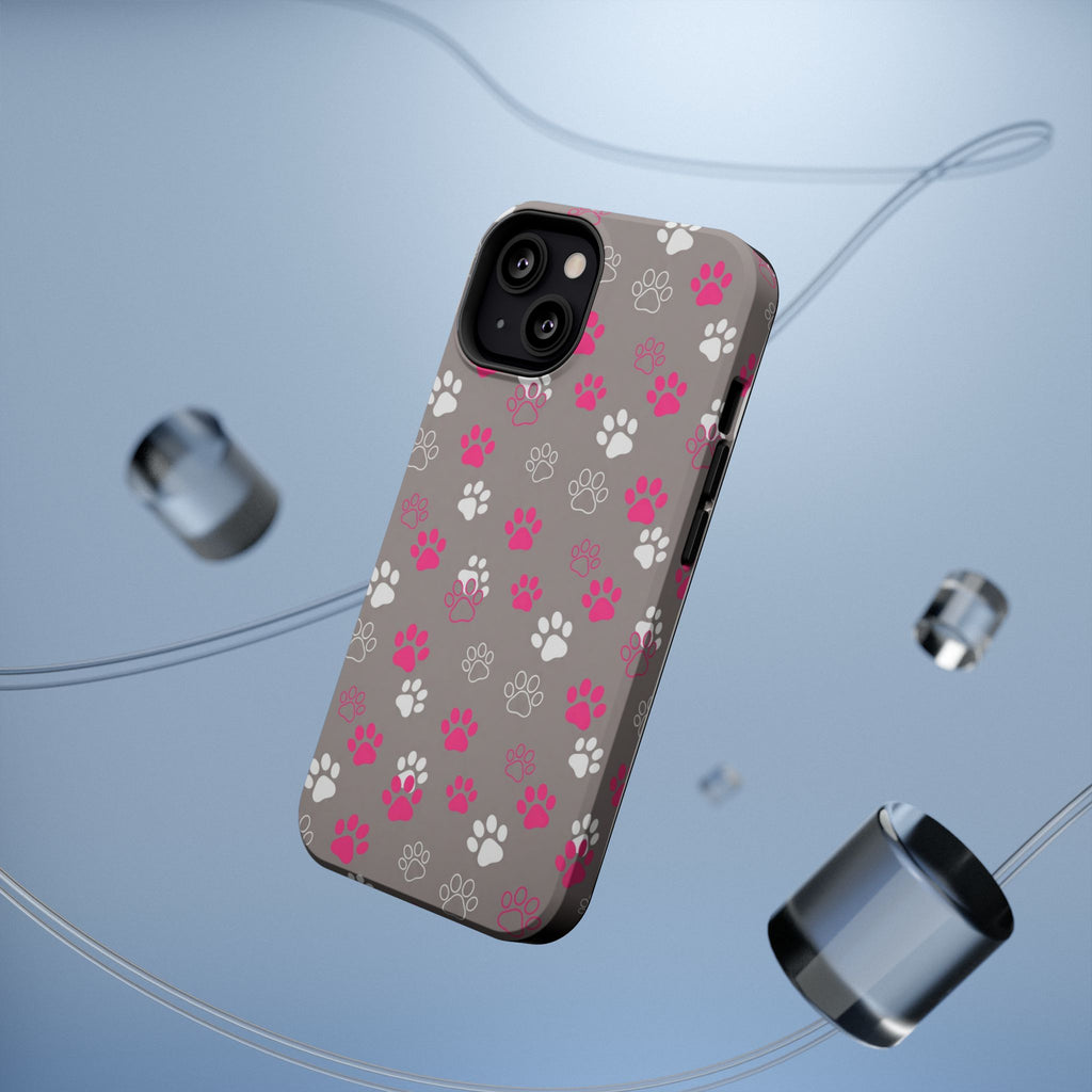 Pink & White Paw Print Phone Case — Impact-Resistant Wireless Charging Cover