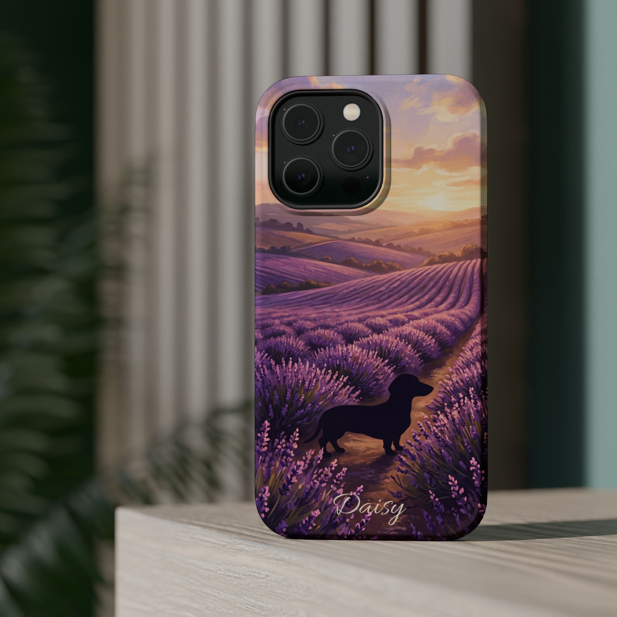 Personalized Dachshund Lavender Field Phone Case — Wireless Charging Cover