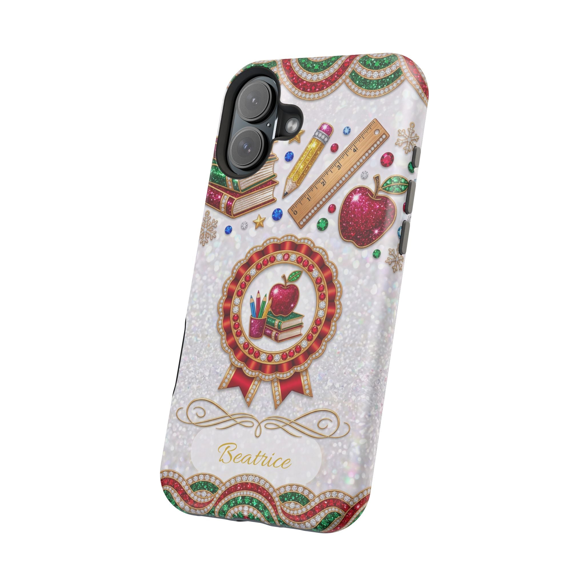 Jeweled Apple Medallion Personalized Teacher Phone Case — Wireless Charging Cover