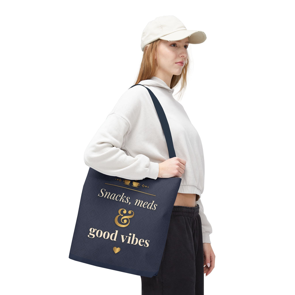 Snacks Meds & Good Vibes Tote | Funny Nurse Gift Tote Bag | Healthcare Worker Humour Gift | Premium Polyester Carry-All