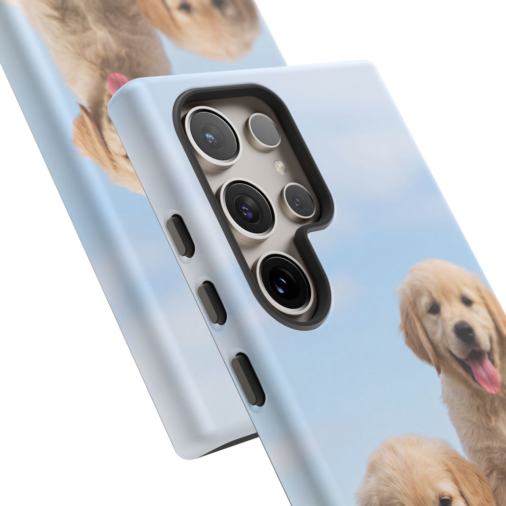 Golden Retriever Puppies on Barrel Phone Case | Cute Duo Under Blue Sky | iPhone & Samsung