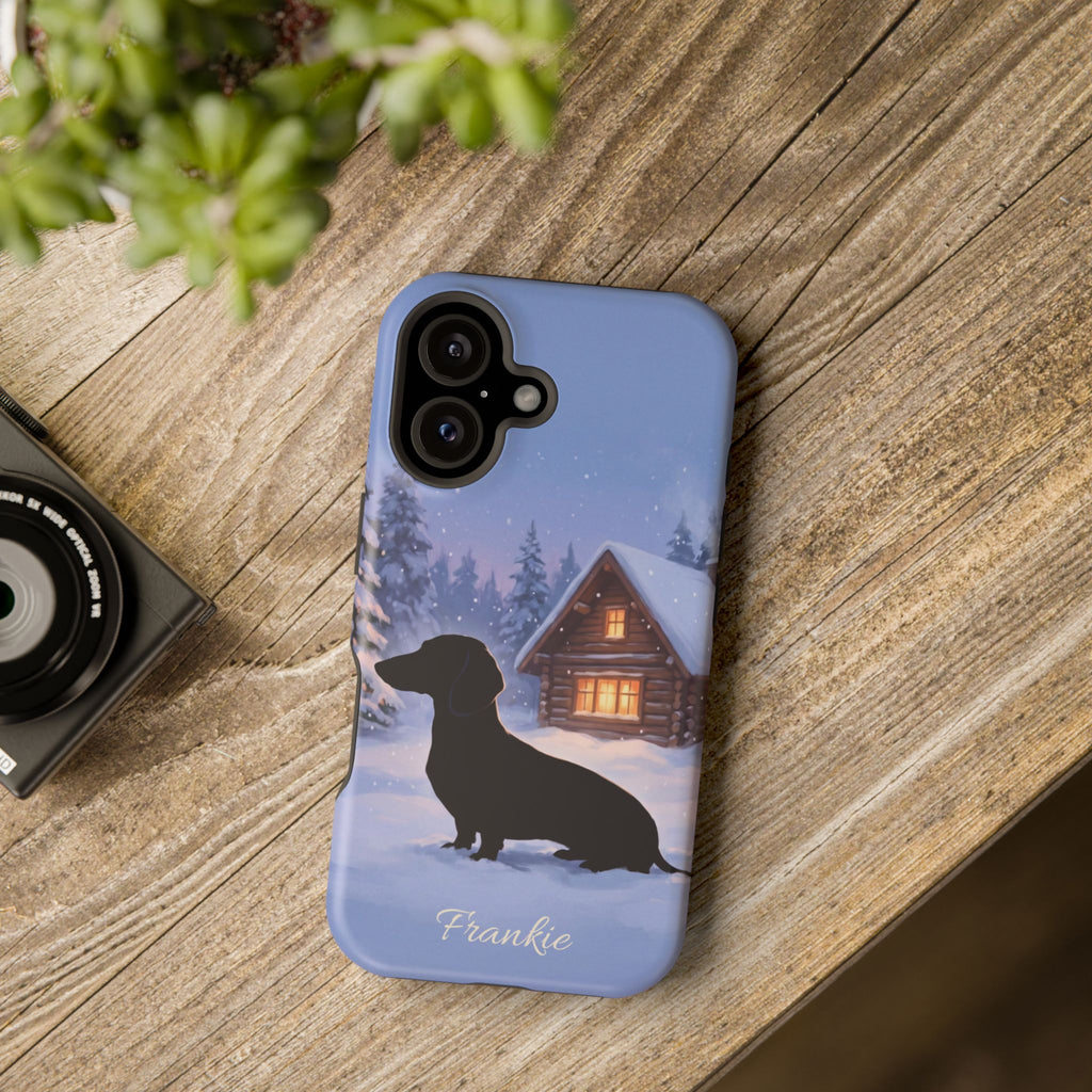 Personalized Dachshund Winter Cabin Phone Case — Wireless Charging Cover