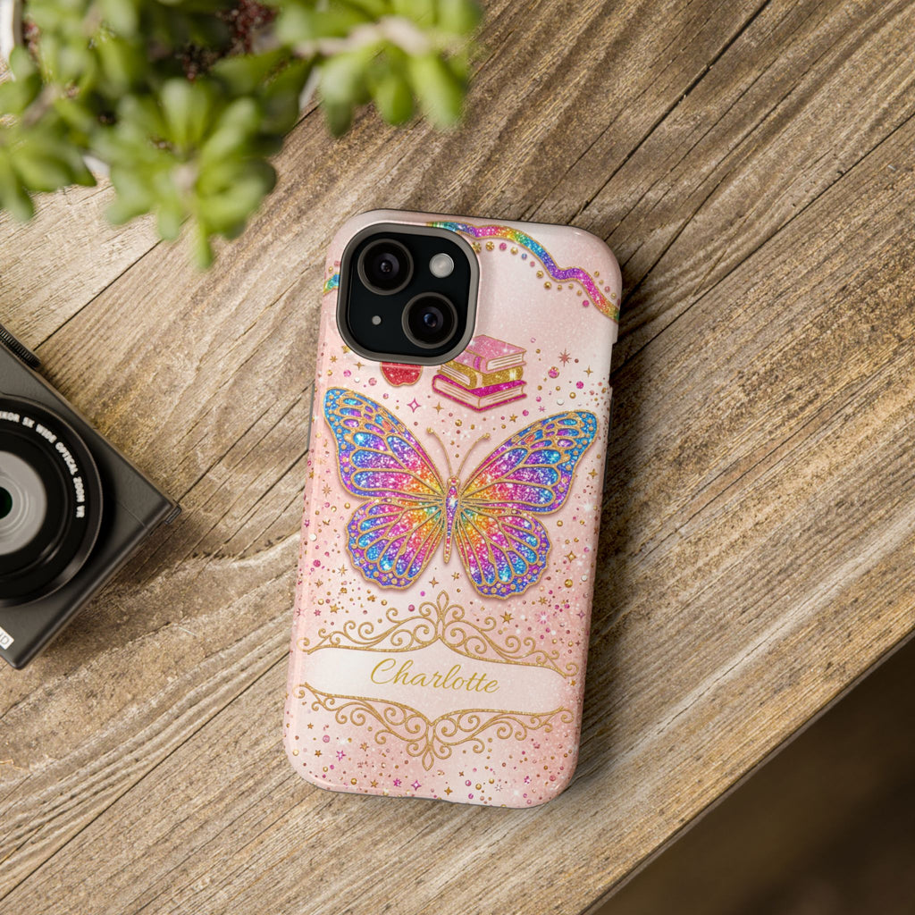 Blush Glitter Butterfly Personalized Teacher Phone Case — Wireless Charging Cover