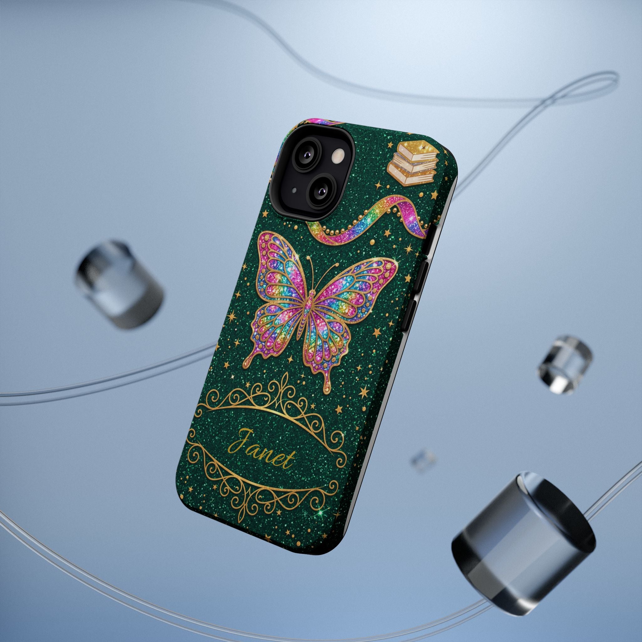 Rainbow Glitter Butterfly Personalized Teacher Phone Case — Wireless Charging Cover