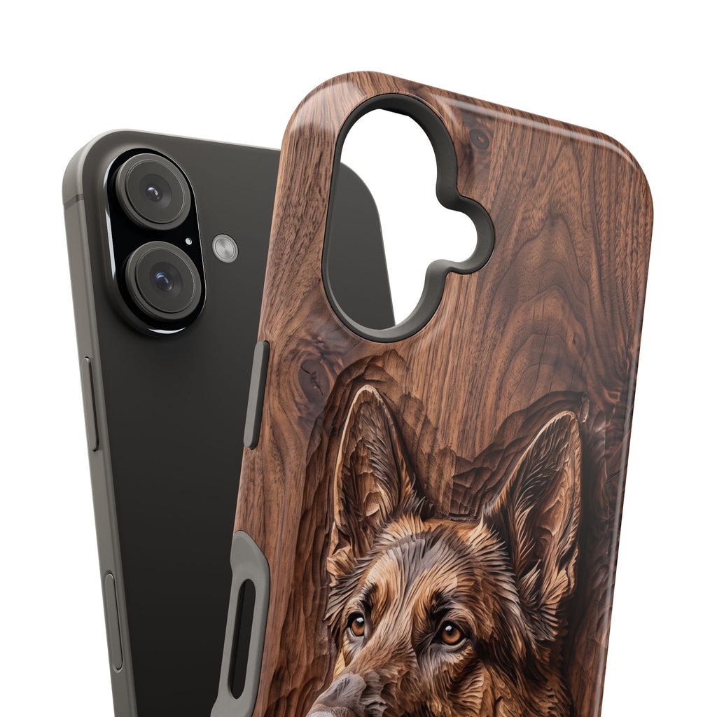 German Shepherd Phone Case | Carved Walnut Art — Tough Magnetic Case with Wireless Charging