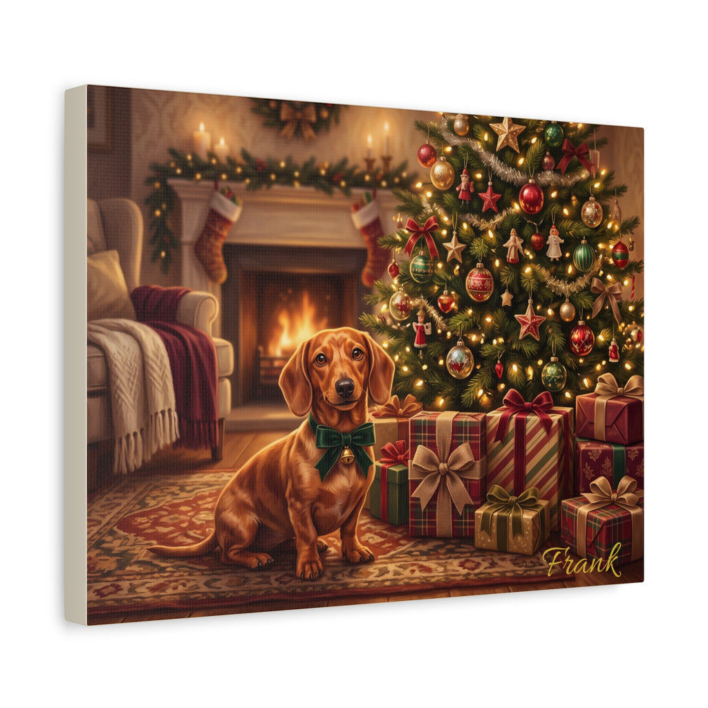 Personalized Dachshund Canvas — Christmas Tree Fireplace Scene