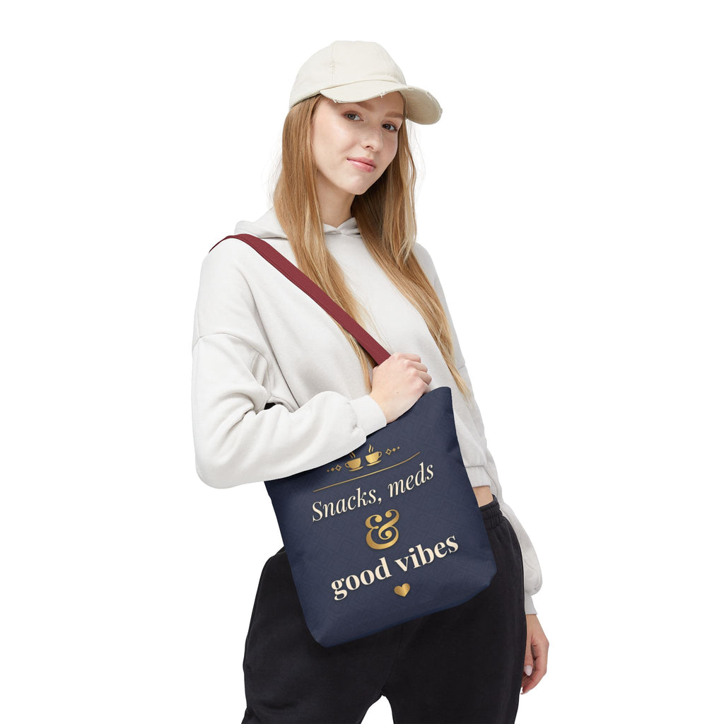 Snacks Meds & Good Vibes Tote | Funny Nurse Gift Tote Bag | Healthcare Worker Humour Gift | Premium Polyester Carry-All
