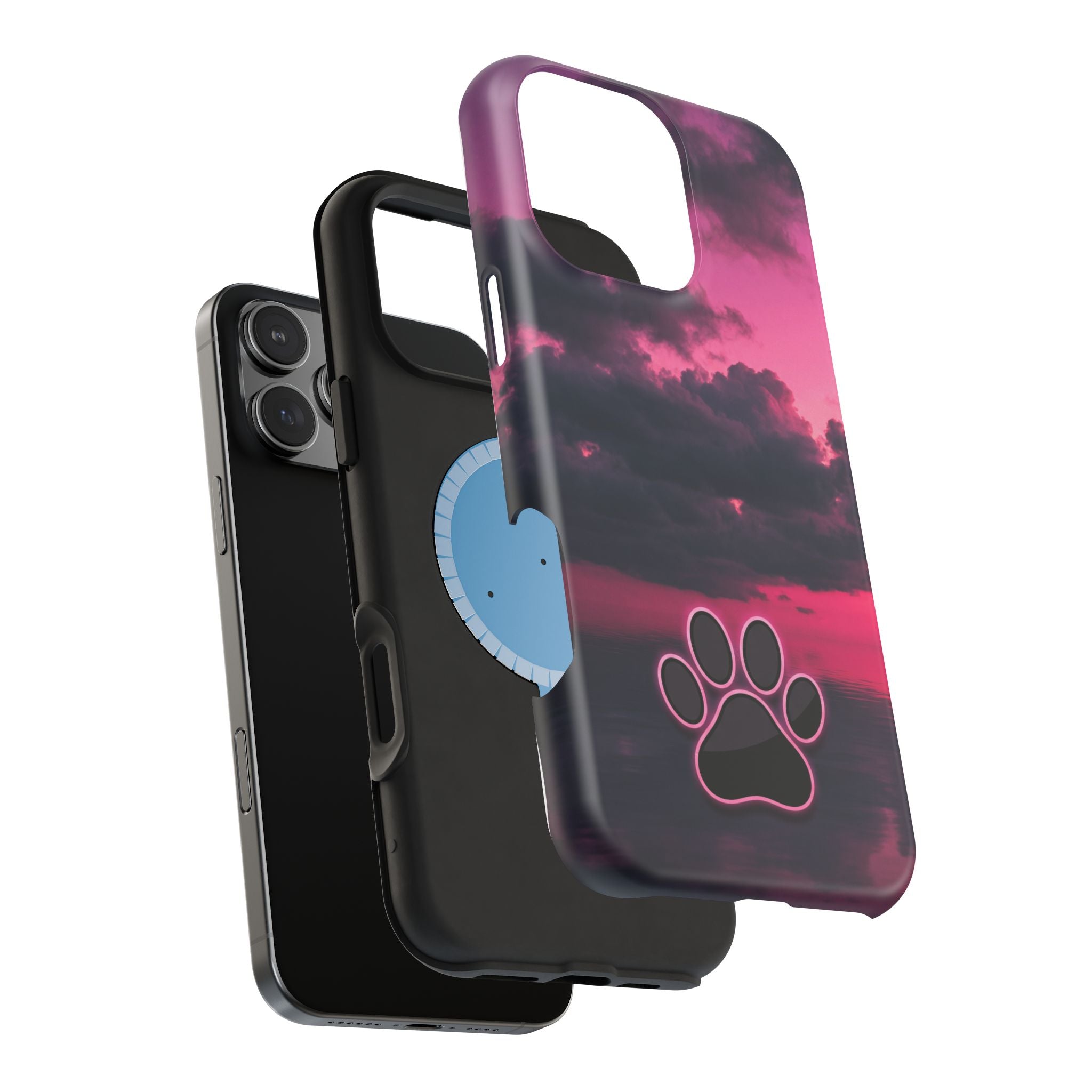iPhone & Samsung Magnetic Impact-Resistant Phone Case — Pink Twilight Cloud with Paw Print