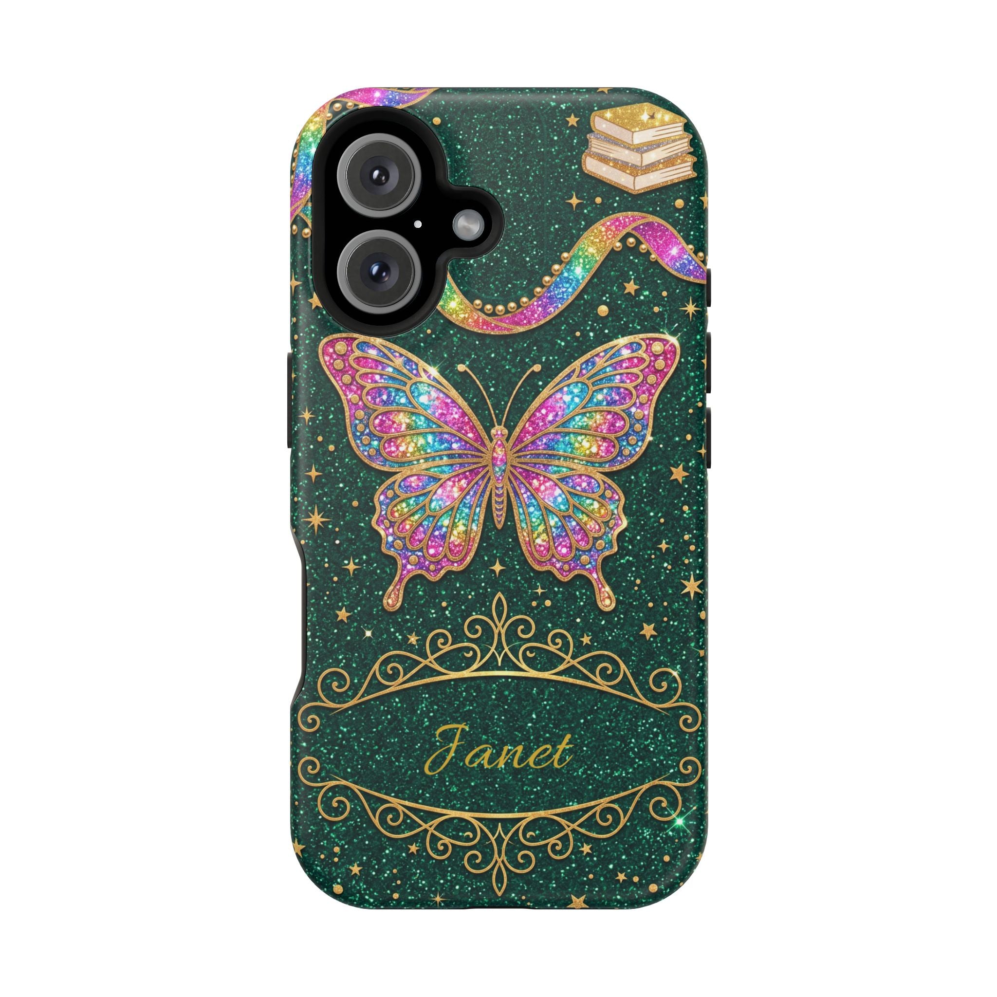 Rainbow Glitter Butterfly Personalized Teacher Phone Case — Wireless Charging Cover