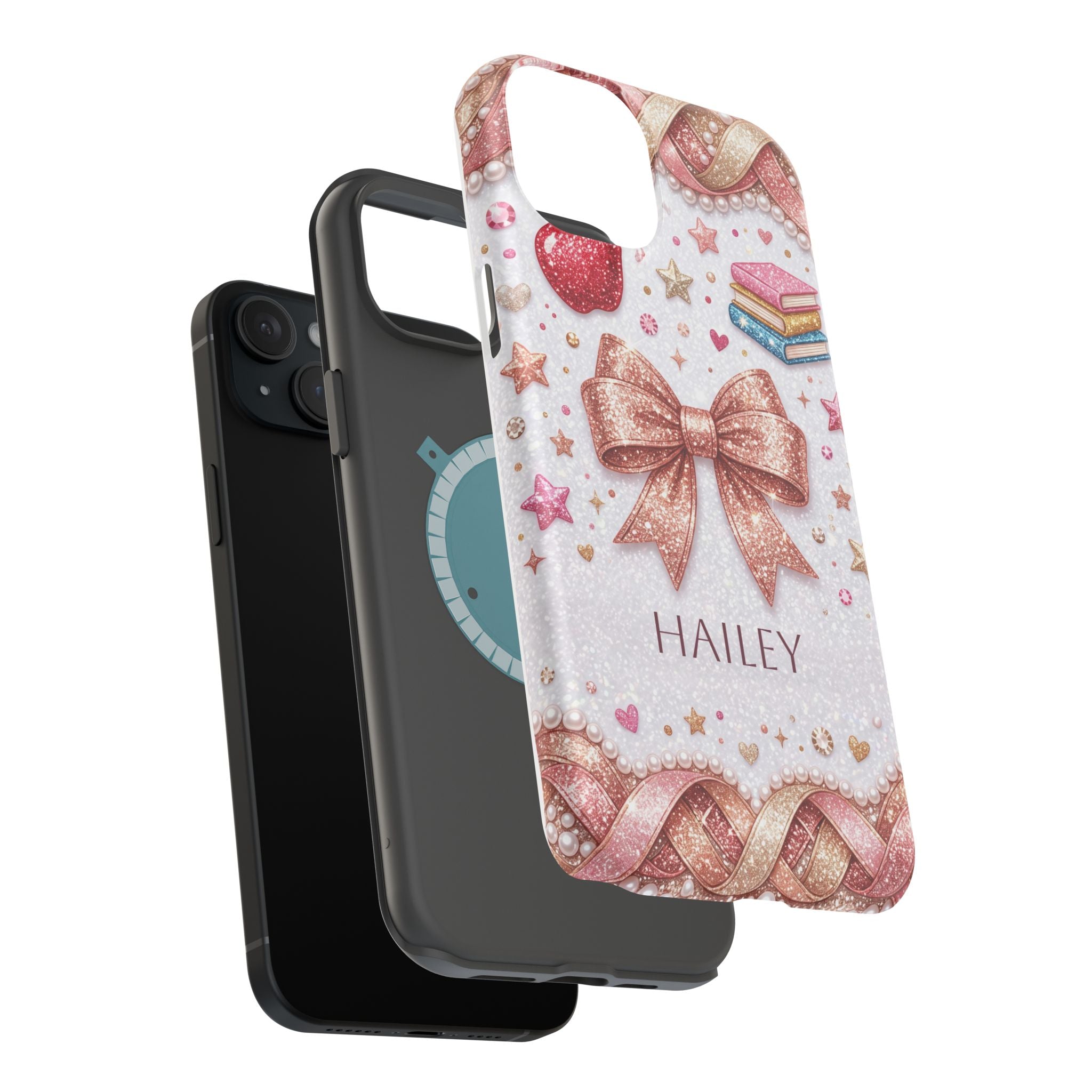 Rose Gold Glitter Bow Personalized Teacher Phone Case — Wireless Charging Cover