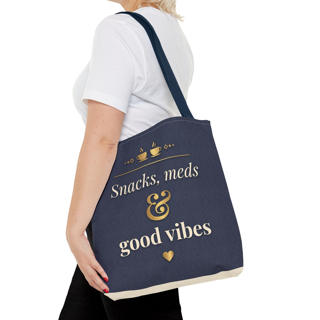 Snacks Meds & Good Vibes Tote | Funny Nurse Gift Tote Bag | Healthcare Worker Humour Gift | Premium Polyester Carry-All