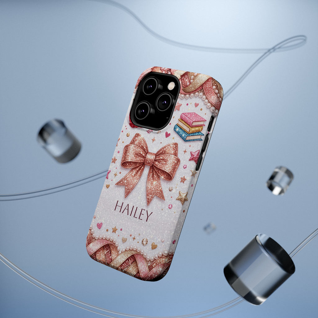 Rose Gold Glitter Bow Personalized Teacher Phone Case — Wireless Charging Cover