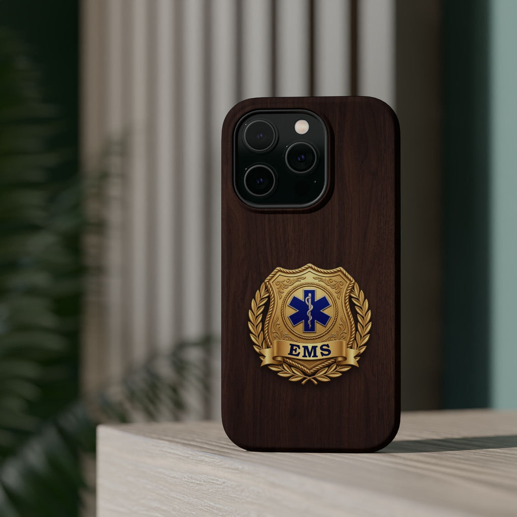 Gold EMS Laurel Badge Wood Phone Case — Magnetic Wireless Charging Cover