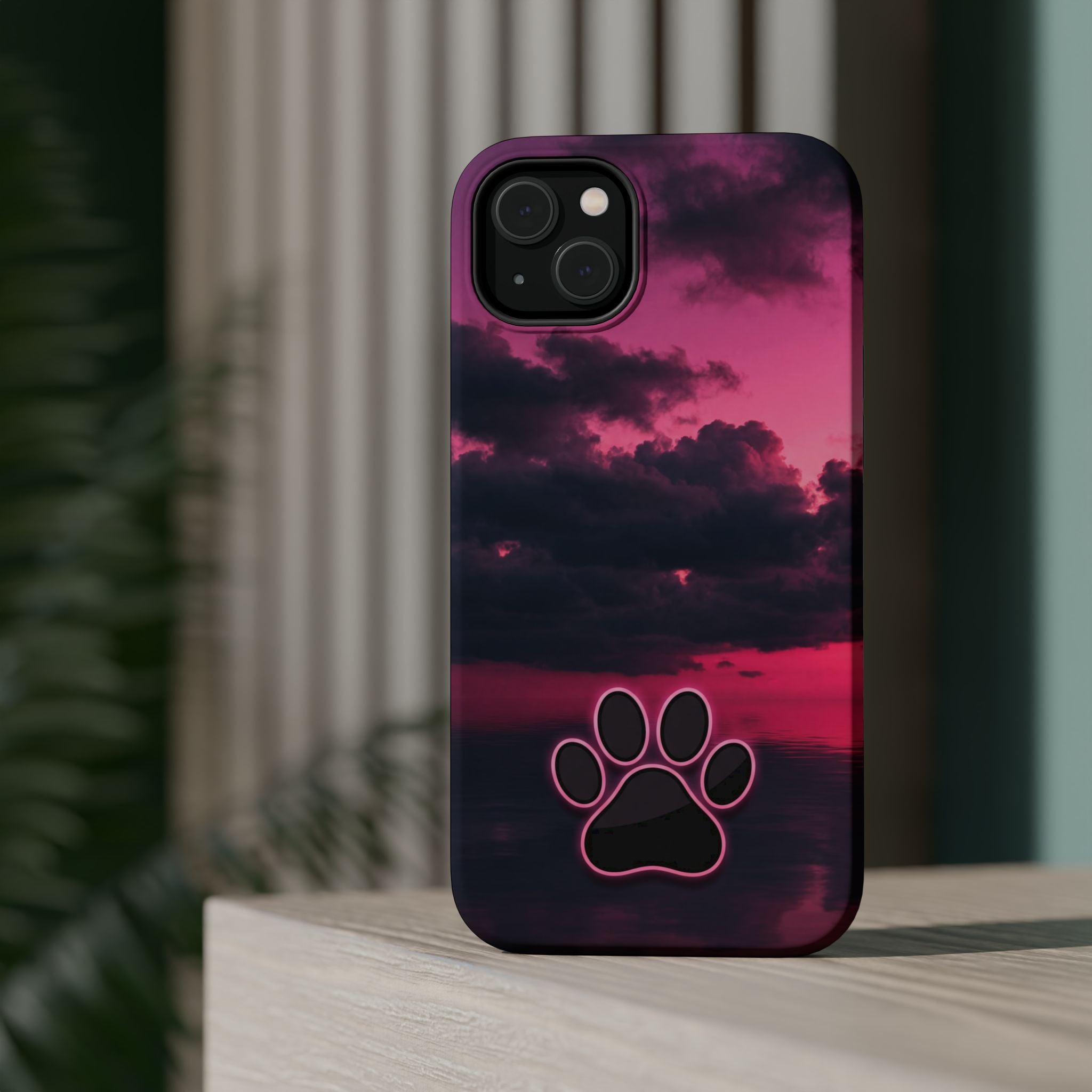 iPhone & Samsung Magnetic Impact-Resistant Phone Case — Pink Twilight Cloud with Paw Print