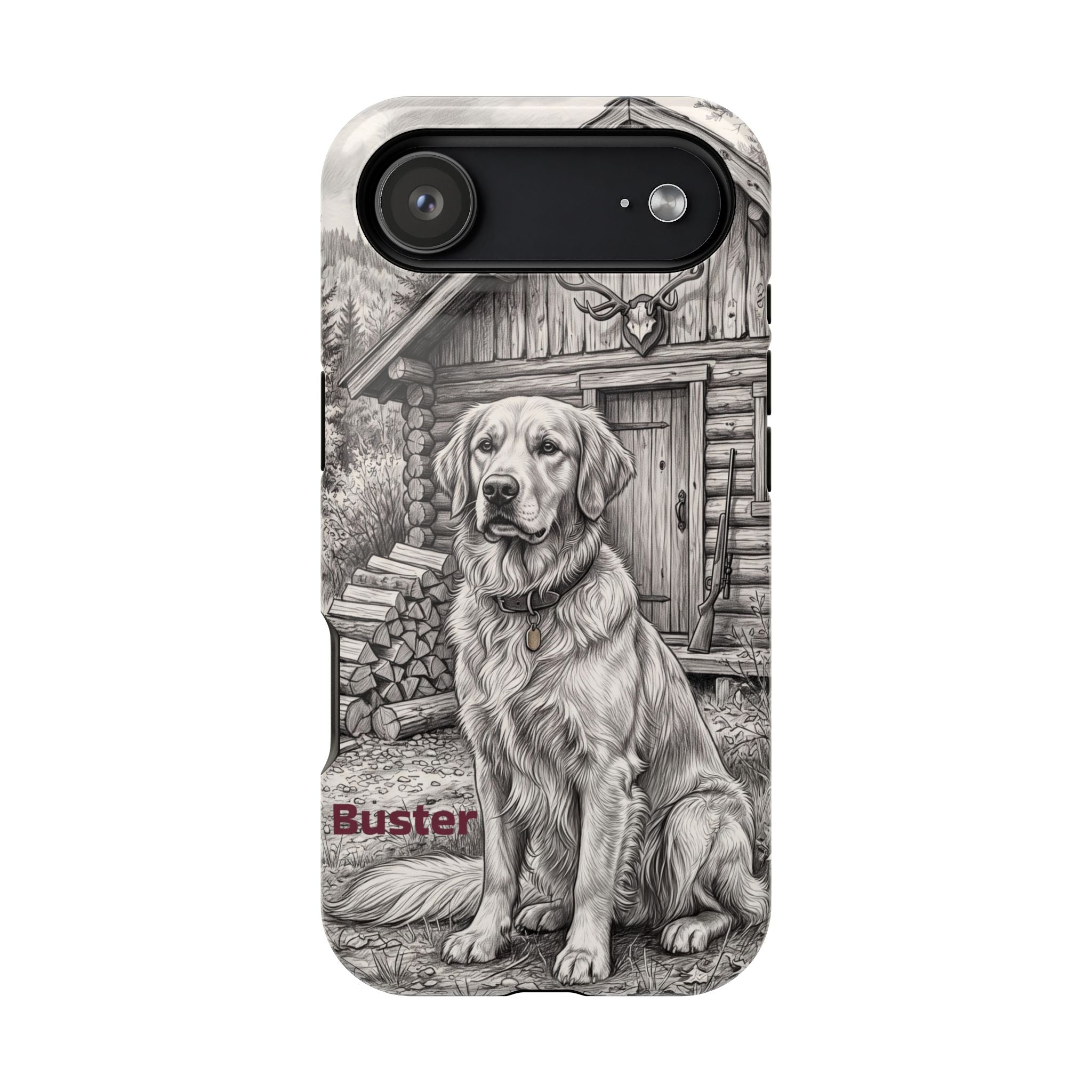 Personalized Golden Retriever Cabin Porch Phone Case — Wireless Charging Cover